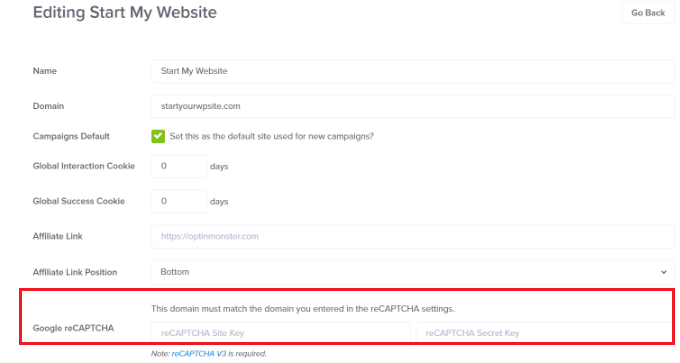 Nhập khóa recaptcha của Google