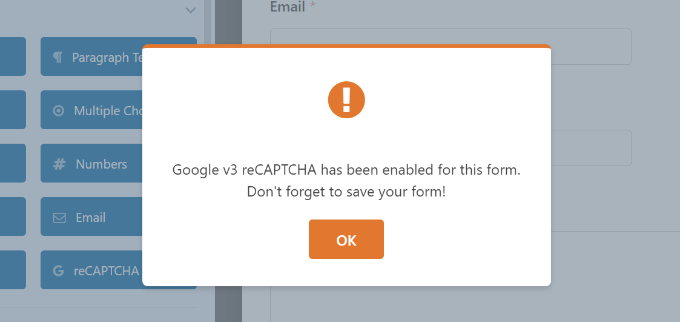 Thông báo kích hoạt Recaptcha