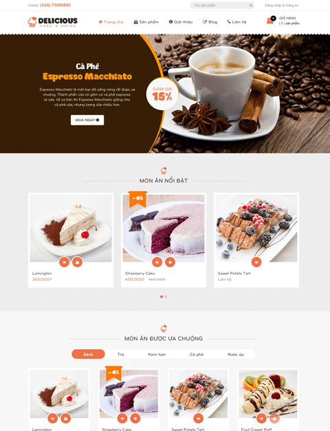 Mẫu giao diện cửa tiệm cà phê và bánh Delicious