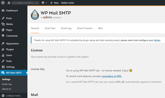 Trang cài đặt WP Mail SMTP trong bảng điều khiển WordPress của bạn