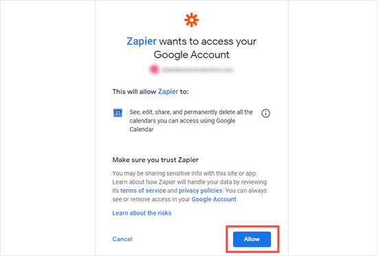 Cấp cho Zapier quyền truy cập Lịch Google của bạn