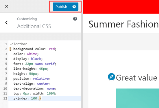 CSS bổ sung như được hiển thị trong tùy biến chủ đề