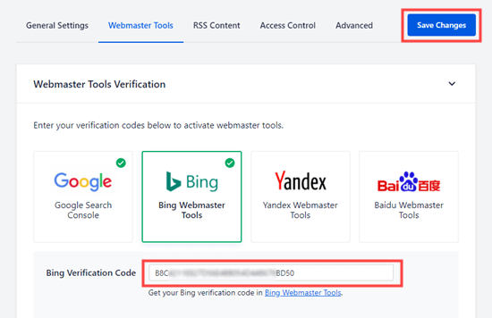 Nhập mã xác minh Bing từ thẻ meta Bing HTML của bạn