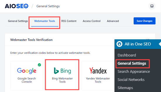 Chọn tùy chọn Công cụ quản trị trang web Bing trên trang Công cụ quản trị trang web SEO tất cả trong một
