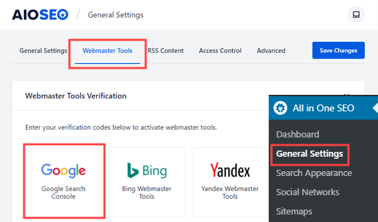 Trang Webmaster Tools trong All in One SEO, để chọn Google Search Console