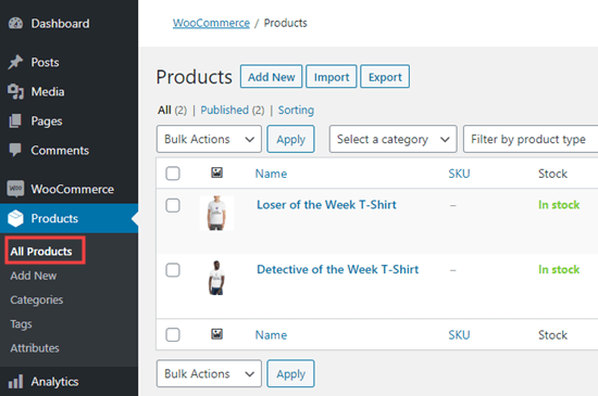 Danh sách các sản phẩm in theo yêu cầu trong WooC Commerce, được xem trong bảng điều khiển WordPress của bạn