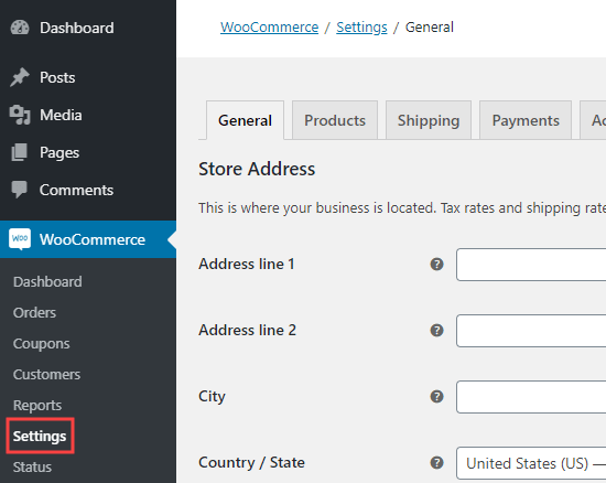 Trang cài đặt WooC Commerce trong bảng điều khiển WordPress của bạn