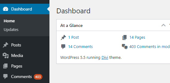 Số lượng bình luận đang chờ hiển thị trong thanh bên của quản trị viên WordPress và trên bảng điều khiển