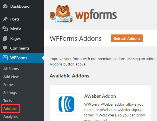 Trang bổ trợ WPForms trong quản trị viên WordPress của bạn