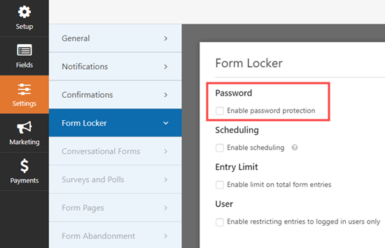 Truy cập trang cài đặt Trình khóa biểu mẫu trong WPForms và chọn hộp mật khẩu