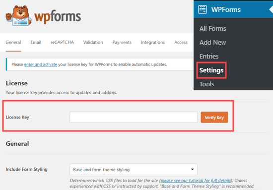 Nhập mã cấp phép của bạn cho WPForms