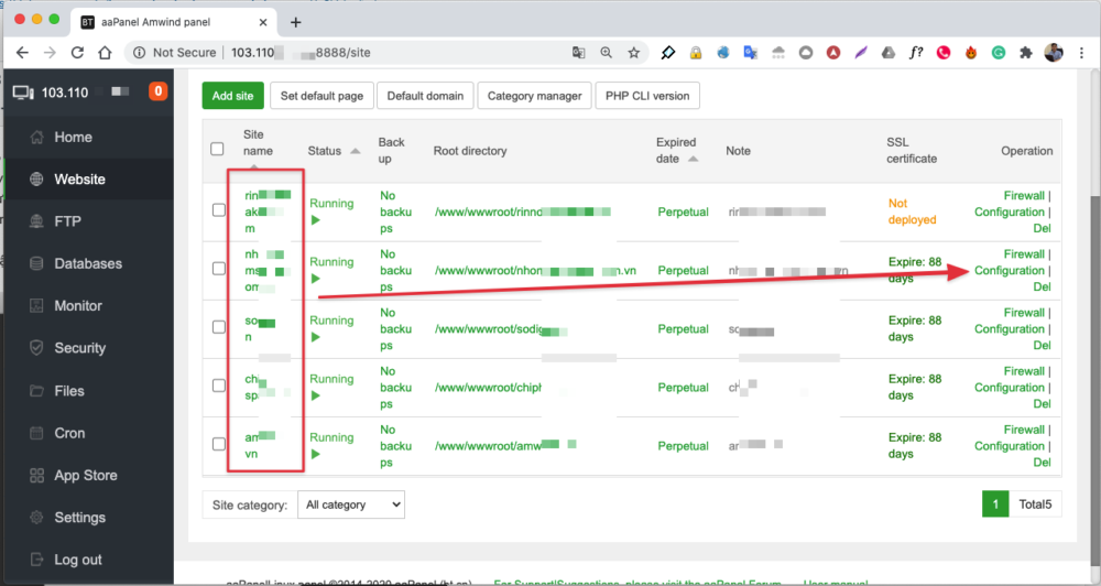 Chọn Website Gặp Lỗi và chọn Configuration